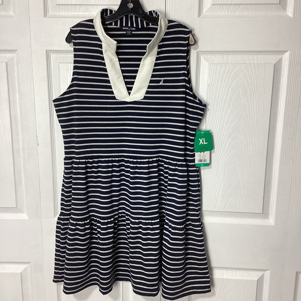Nautica Tiered Sleeveless Dress With White Polo Collar Blue White Stripe NWT XL